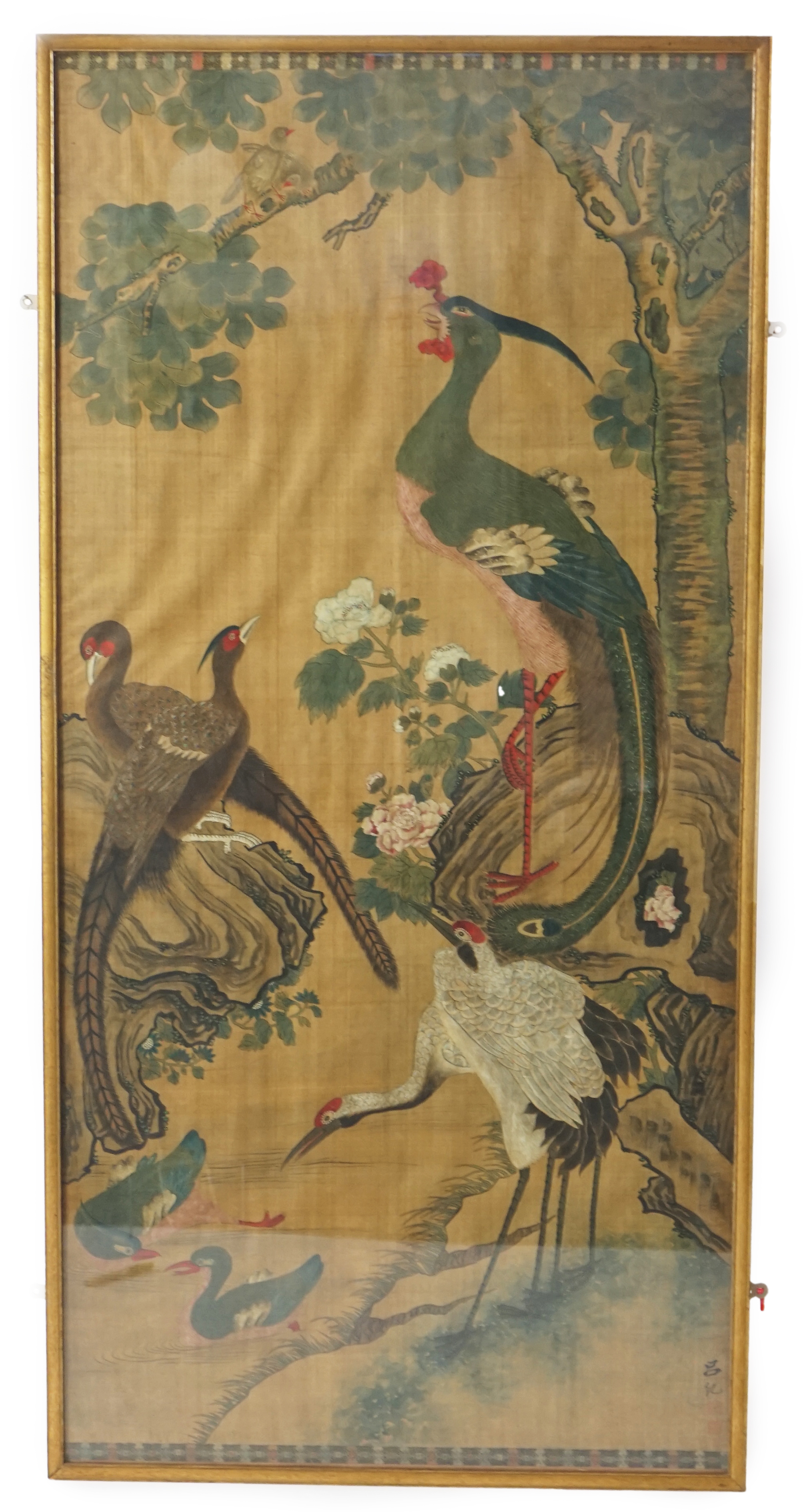 A large Chinese painting on silk of birds, late 19th/early 20th century, signed Lu Ji